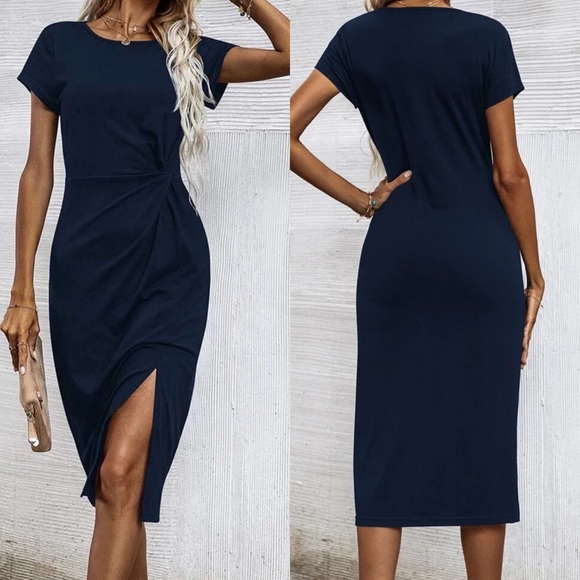 Twist short sleeve slit midi dress black - Picture 3 of 5